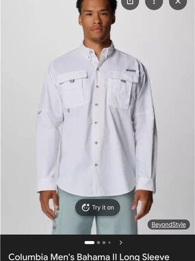Columbia White Long-Sleeve Button-Down Fishing Shirt